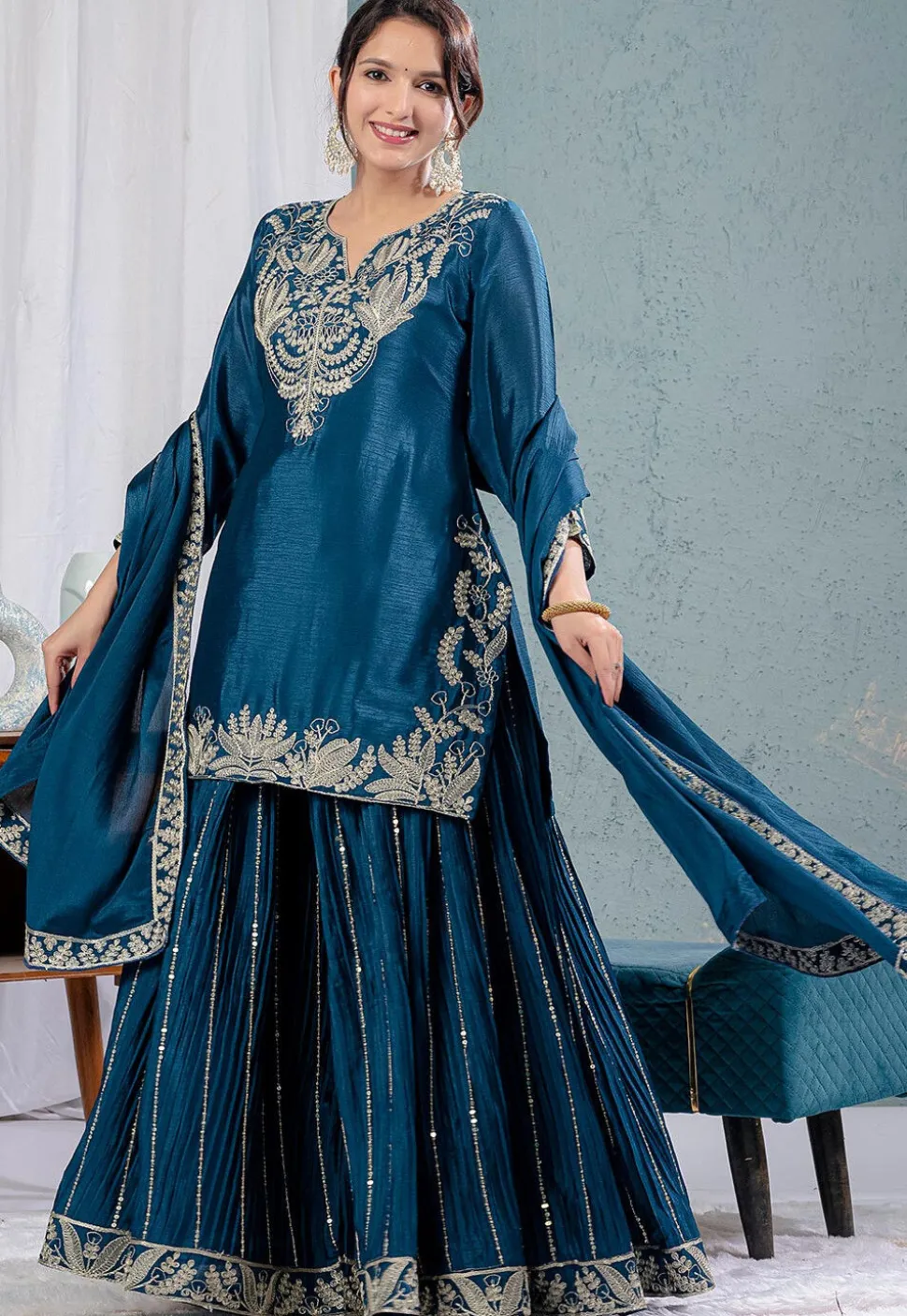Embroidered Chinon Silk Pakistani Suit in Teal Blue