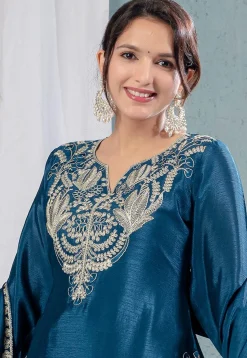 Embroidered Chinon Silk Pakistani Suit in Teal Blue