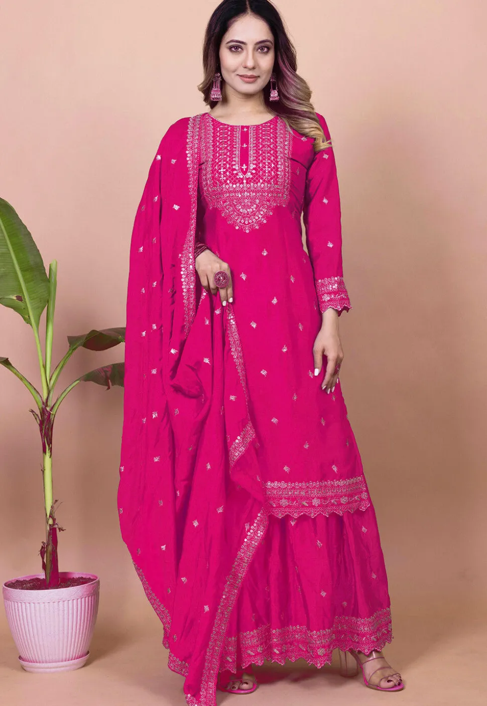 Embroidered Chinon Silk Pakistani Suit in Fuchsia