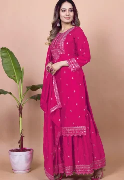 Embroidered Chinon Silk Pakistani Suit in Fuchsia