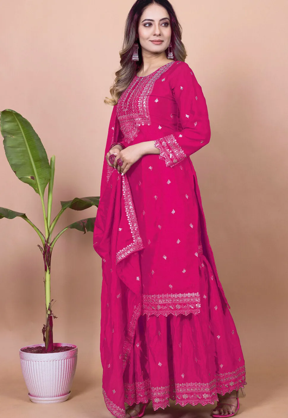 Embroidered Chinon Silk Pakistani Suit in Fuchsia