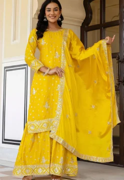 Embroidered Chinon Silk Pakistani Suit in Yellow