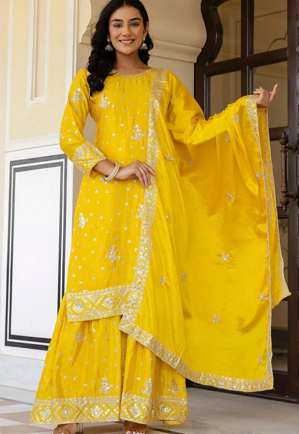 Embroidered Chinon Silk Pakistani Suit in Yellow