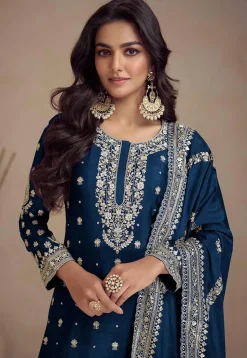 Embroidered Chinon Silk Pakistani Suit in Teal Blue