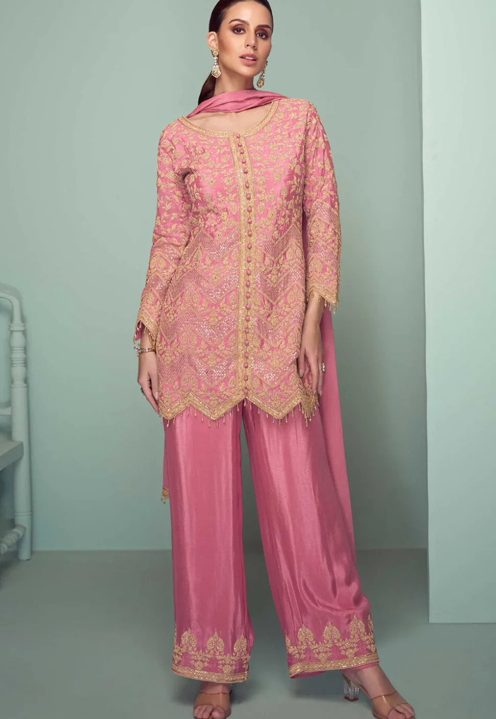 Embroidered Chinon Silk Pakistani Suit in Pink