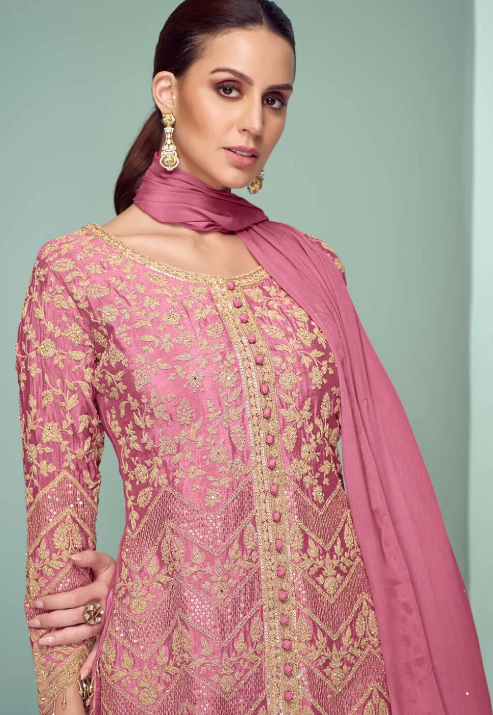 Embroidered Chinon Silk Pakistani Suit in Pink