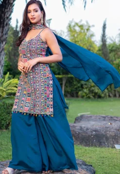 Embroidered Chinon Silk Pakistani Suit in Teal Blue