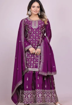 Embroidered Chinon Silk Pakistani Suit in Purple