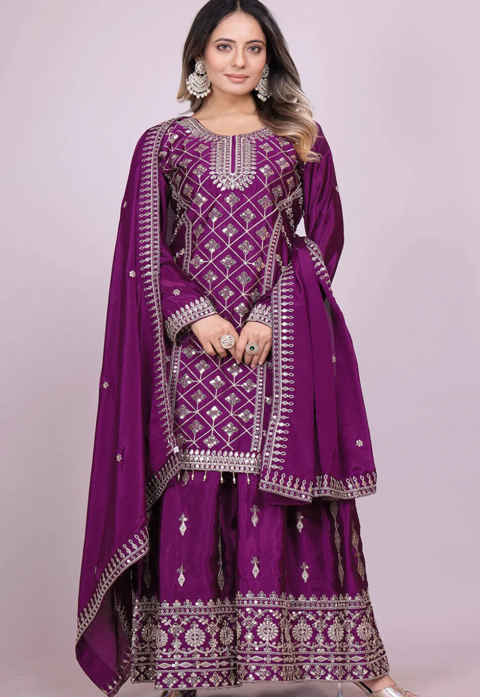 Embroidered Chinon Silk Pakistani Suit in Purple