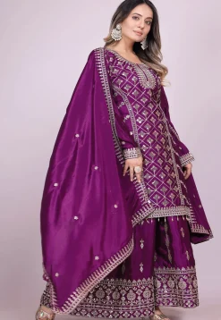 Embroidered Chinon Silk Pakistani Suit in Purple