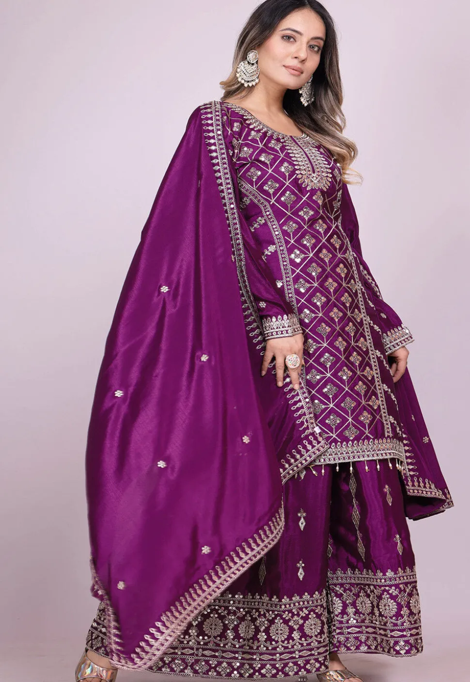 Embroidered Chinon Silk Pakistani Suit in Purple