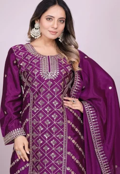 Embroidered Chinon Silk Pakistani Suit in Purple