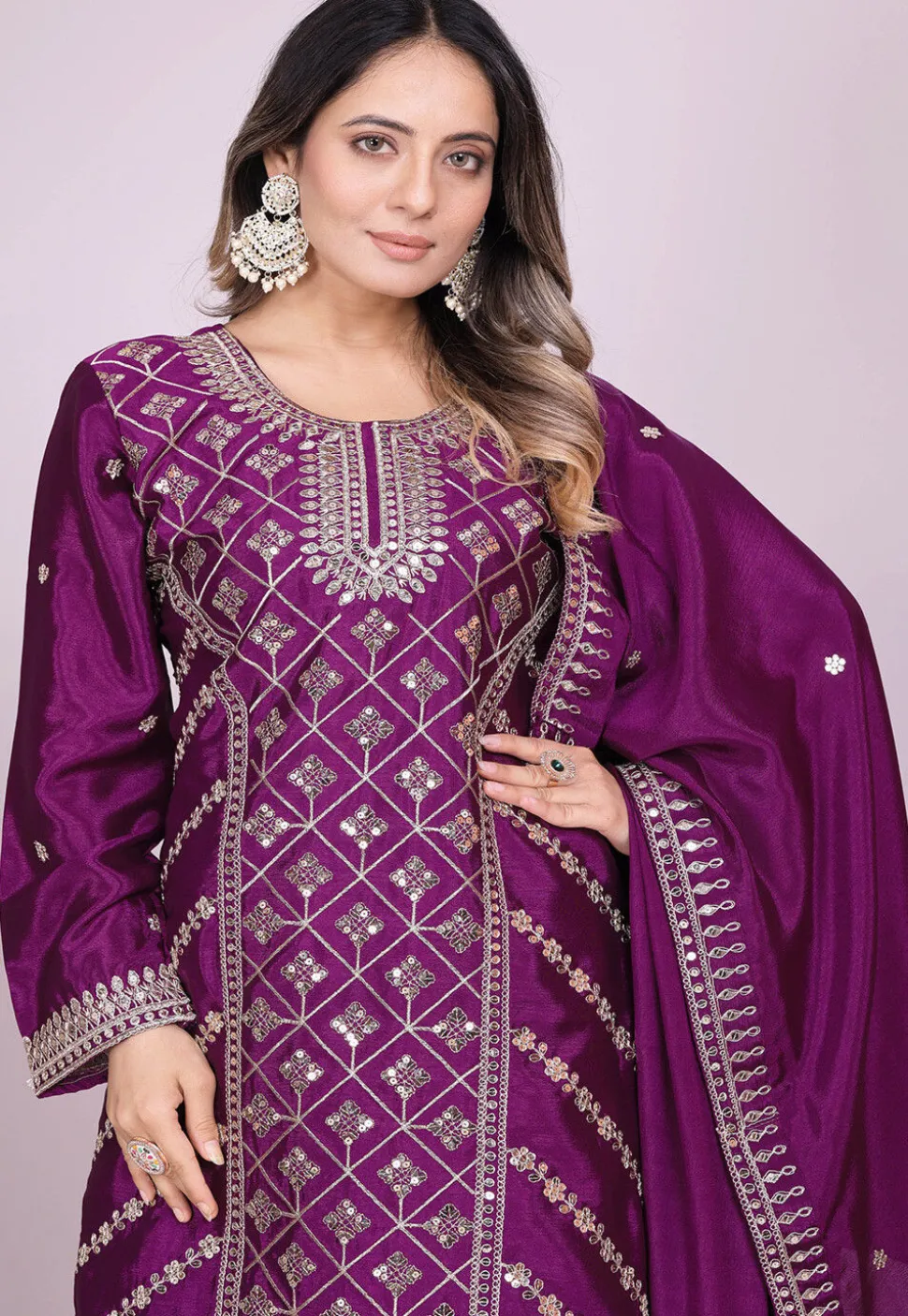Embroidered Chinon Silk Pakistani Suit in Purple