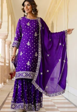 Embroidered Chinon Silk Pakistani Suit in Purple
