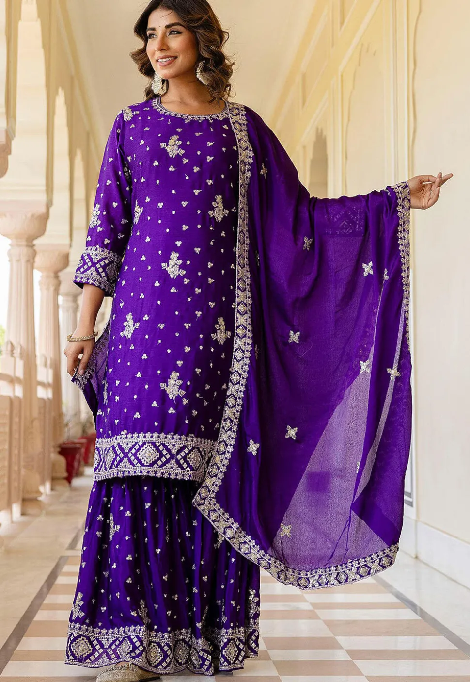 Embroidered Chinon Silk Pakistani Suit in Purple