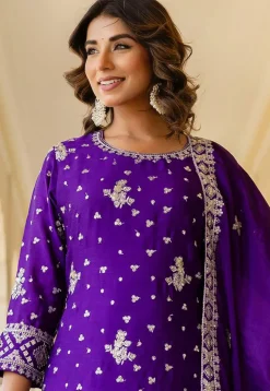 Embroidered Chinon Silk Pakistani Suit in Purple