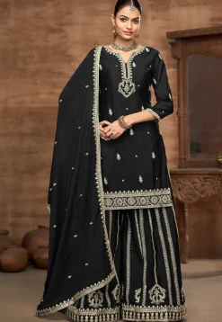 Embroidered Chinon Silk Pakistani Suit in Black