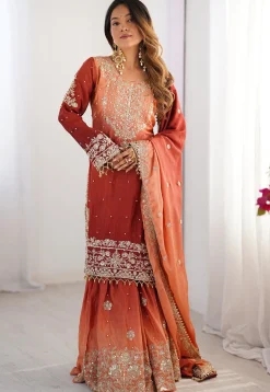 Embroidered Chinon Silk Pakistani Suit in Shaded Rust