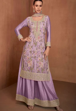 Embroidered Chinon Silk Pakistani Suit in Light Purple