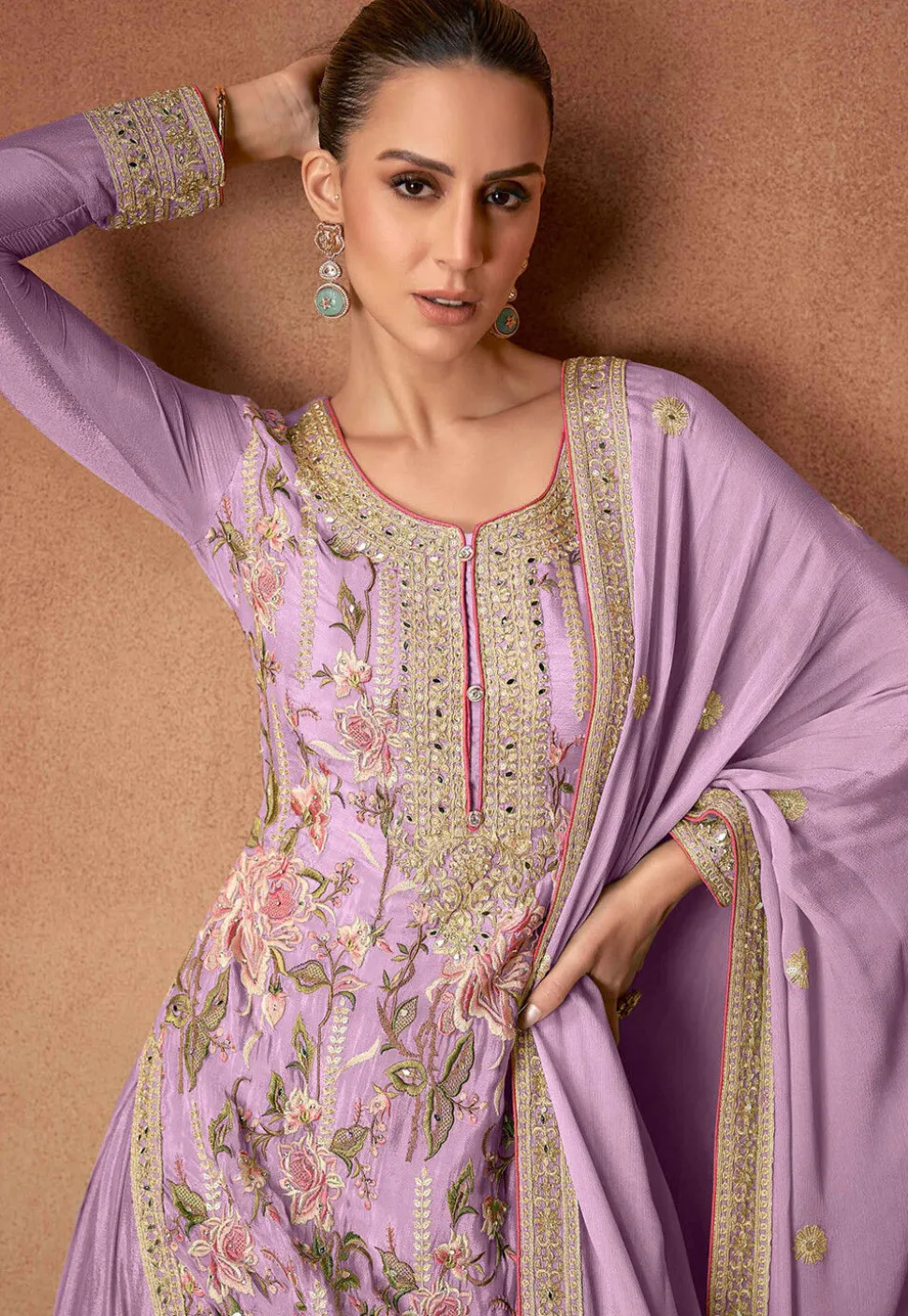 Embroidered Chinon Silk Pakistani Suit in Light Purple