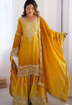 Embroidered Chinon Silk Pakistani Suit in Yellow Ombre