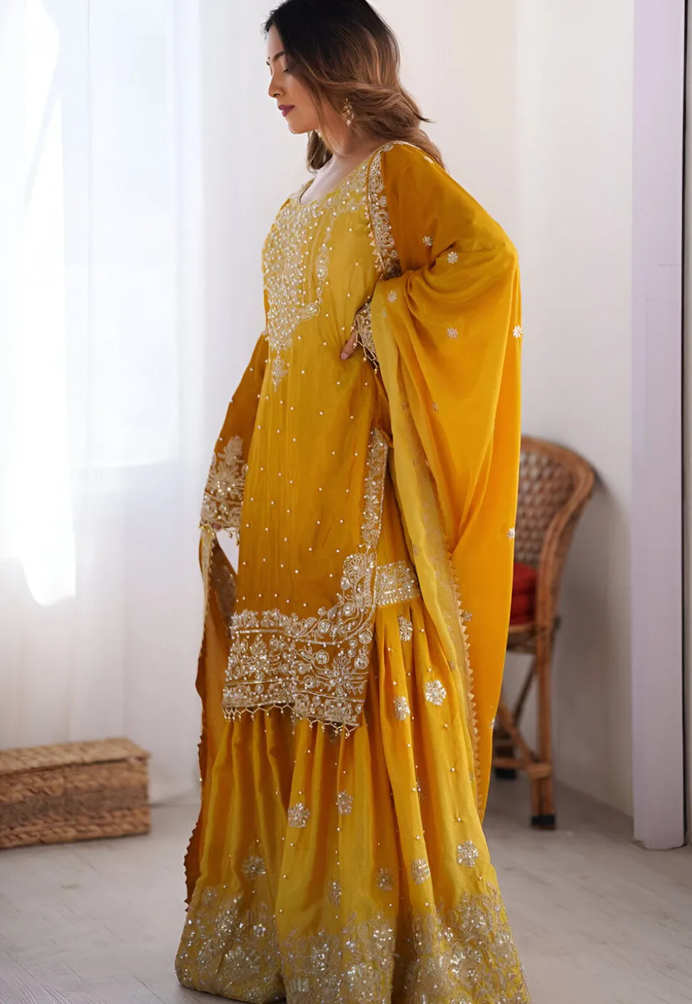Embroidered Chinon Silk Pakistani Suit in Yellow Ombre