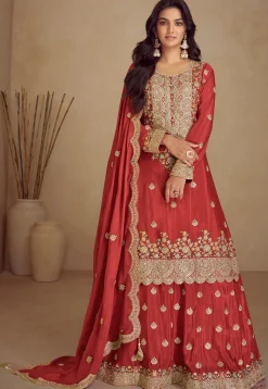 Embroidered Chinon Silk Pakistani Suit in Rust