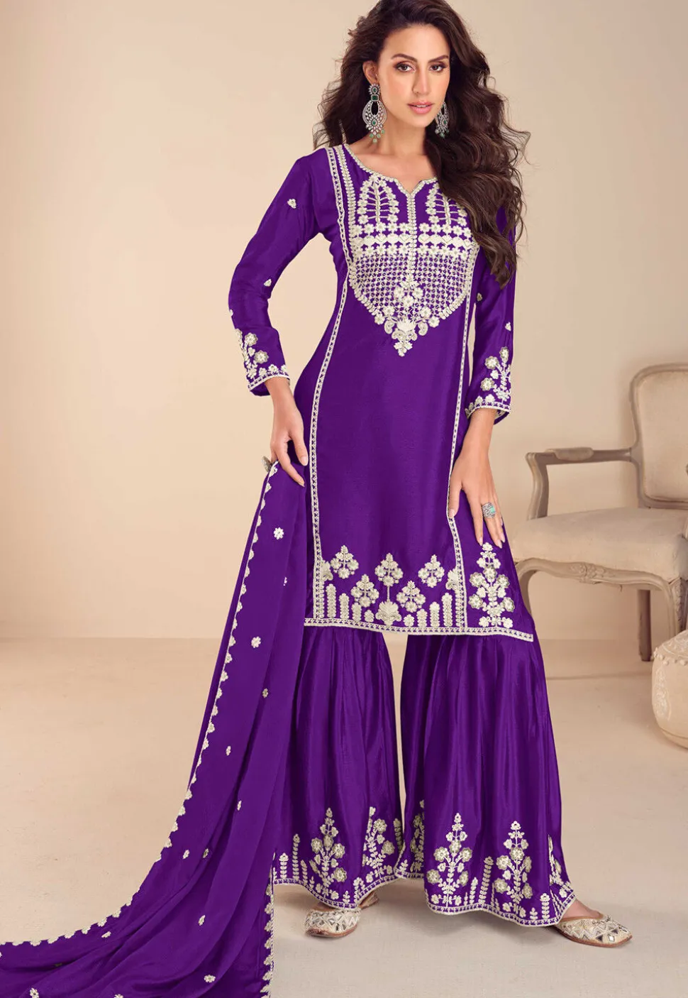 Embroidered Chinon Silk Pakistani Suit in Purple