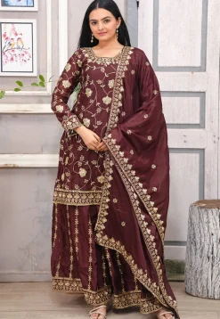 Embroidered Chinon Silk Pakistani Suit in Brown