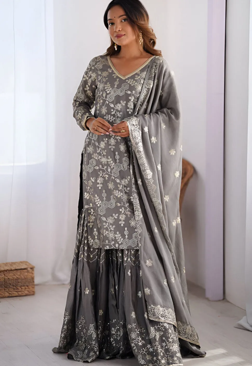 Embroidered Chinon Silk Pakistani Suit in Grey