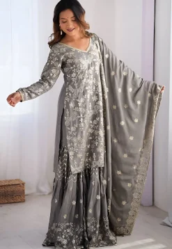Embroidered Chinon Silk Pakistani Suit in Grey