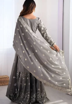 Embroidered Chinon Silk Pakistani Suit in Grey