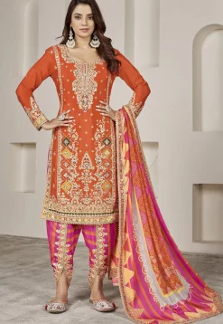 Embroidered Chinon Silk Punjabi Suit in Orange