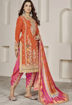 Embroidered Chinon Silk Punjabi Suit in Orange