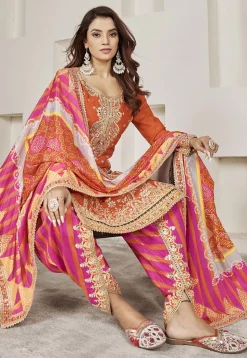 Embroidered Chinon Silk Punjabi Suit in Orange