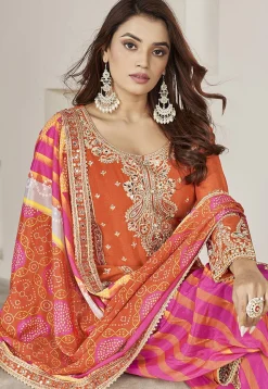Embroidered Chinon Silk Punjabi Suit in Orange