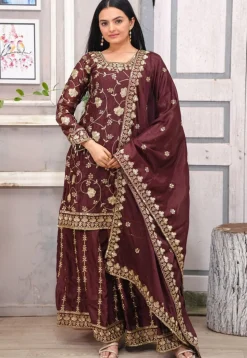 Embroidered Chinon Silk Pakistani Suit in Brown