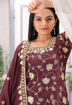 Embroidered Chinon Silk Pakistani Suit in Brown