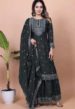 Embroidered Chinon Silk Pakistani Suit in Black