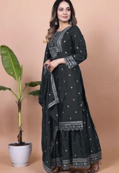 Embroidered Chinon Silk Pakistani Suit in Black