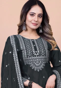 Embroidered Chinon Silk Pakistani Suit in Black