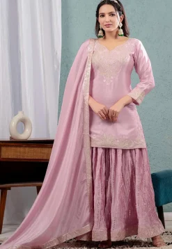 Embroidered Chinon Silk Pakistani Suit in Pink