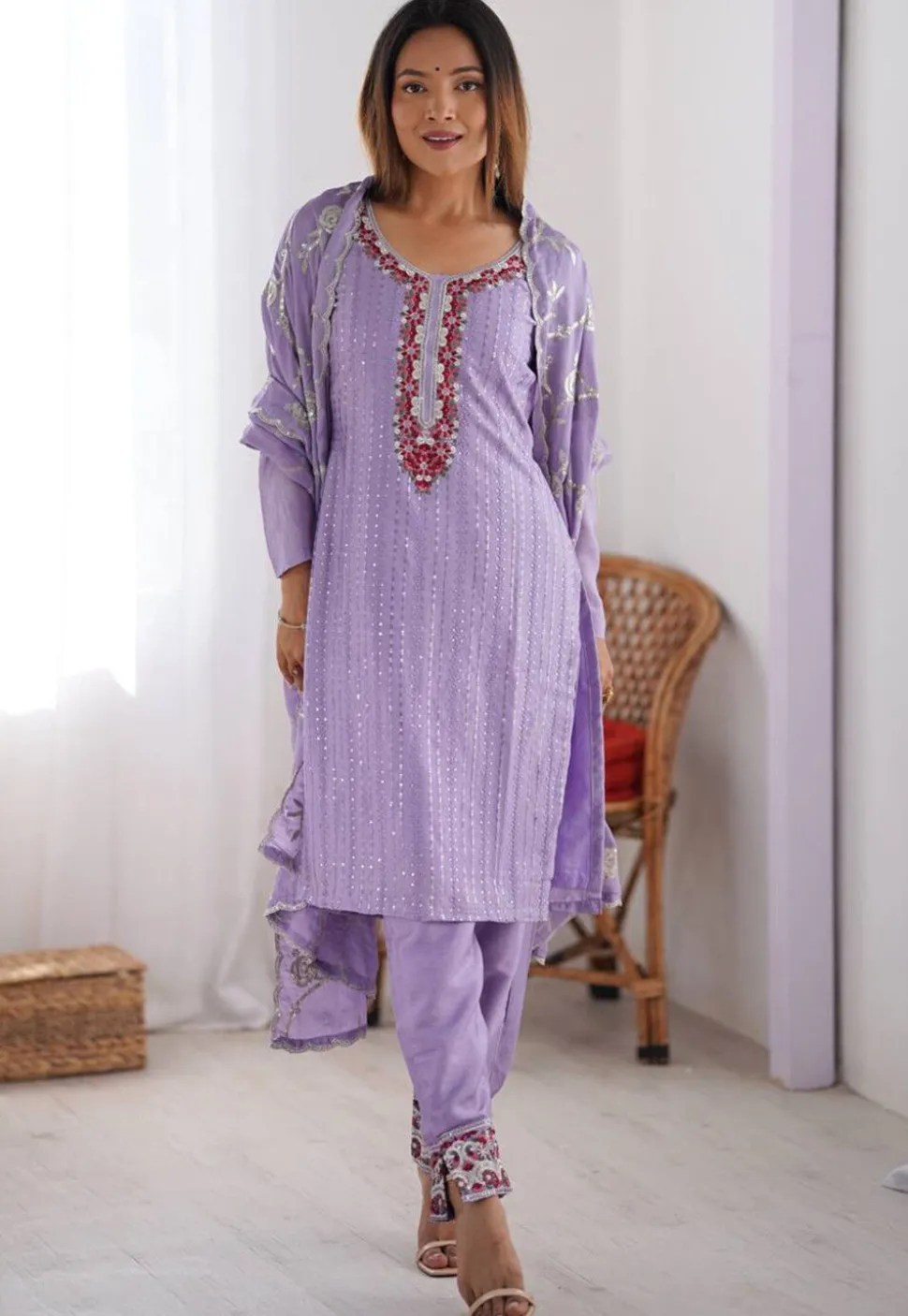 Embroidered Chinon Silk Pakistani Suit in Purple