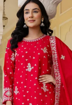 Embroidered Chinon Silk Pakistani Suit in Red