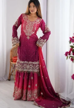 Embroidered Chinon Silk Pakistani Suit in Shaded Purple and Pink