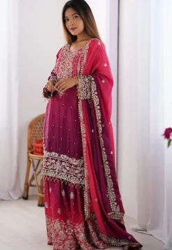 Embroidered Chinon Silk Pakistani Suit in Shaded Purple and Pink
