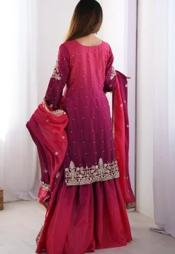 Embroidered Chinon Silk Pakistani Suit in Shaded Purple and Pink