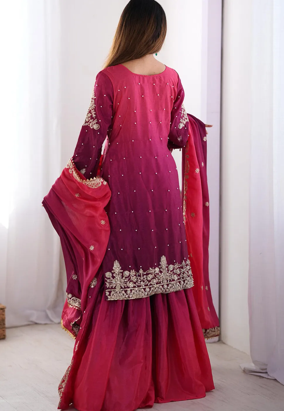 Embroidered Chinon Silk Pakistani Suit in Shaded Purple and Pink