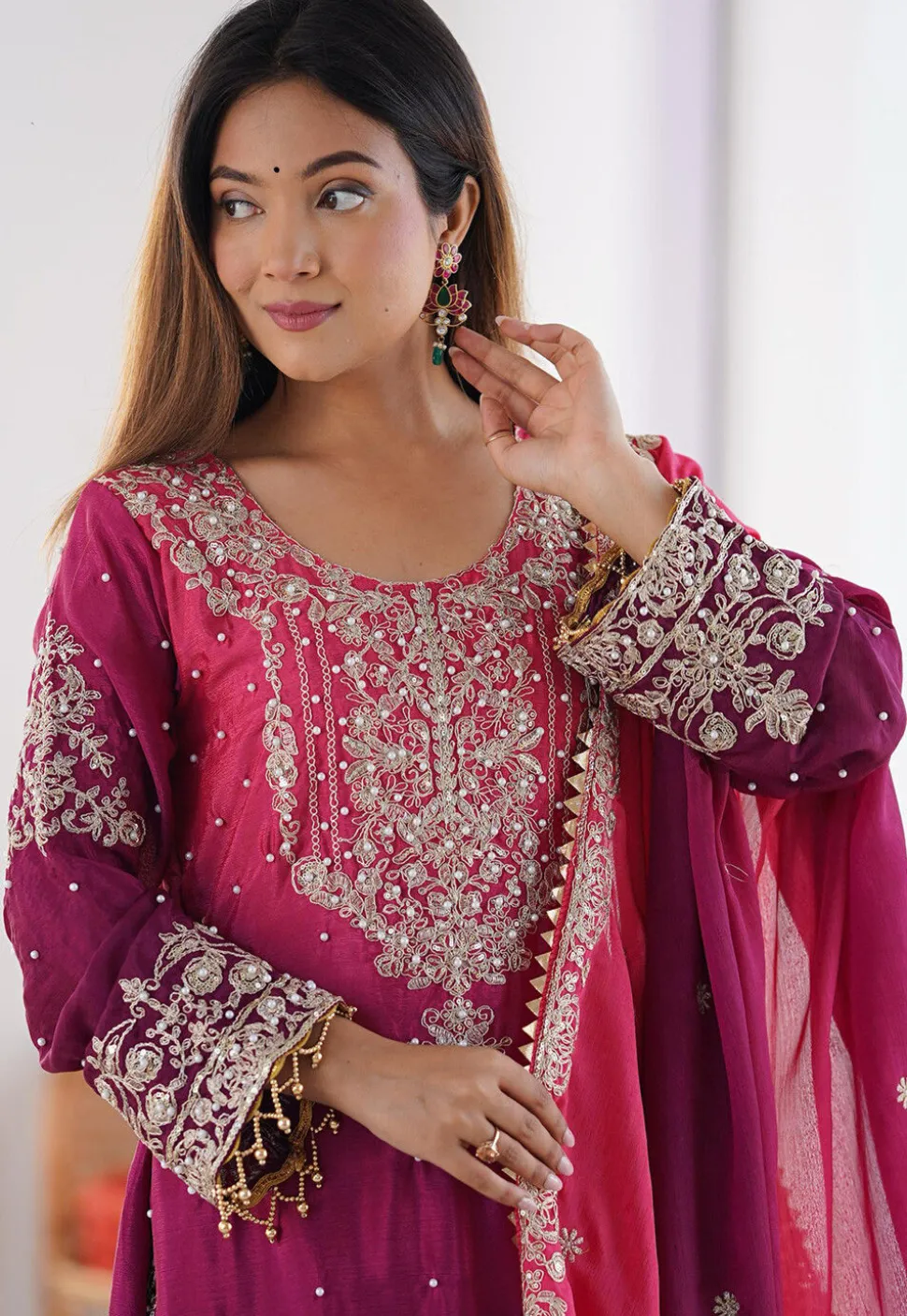 Embroidered Chinon Silk Pakistani Suit in Shaded Purple and Pink