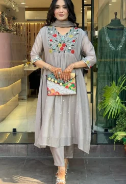 Embroidered Chinon Silk Pakistani Suit in Grey